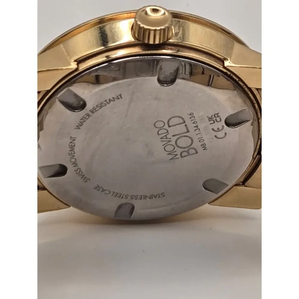 Movado Bold Gold Watch 42.5mm Stainless Steel Link Bracelet Box Papers Classic